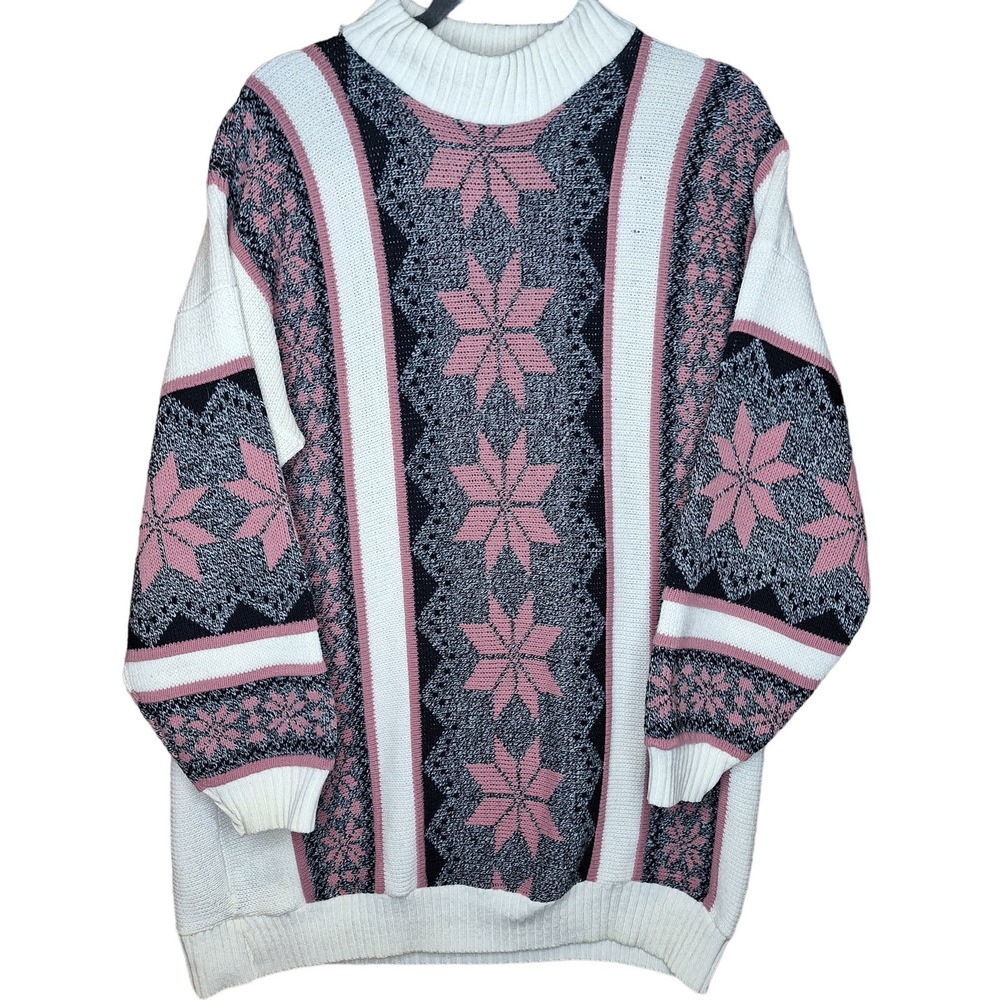 Cut 4 U Vintage oversized grandpa sweater pink white argyle snowflakes thick